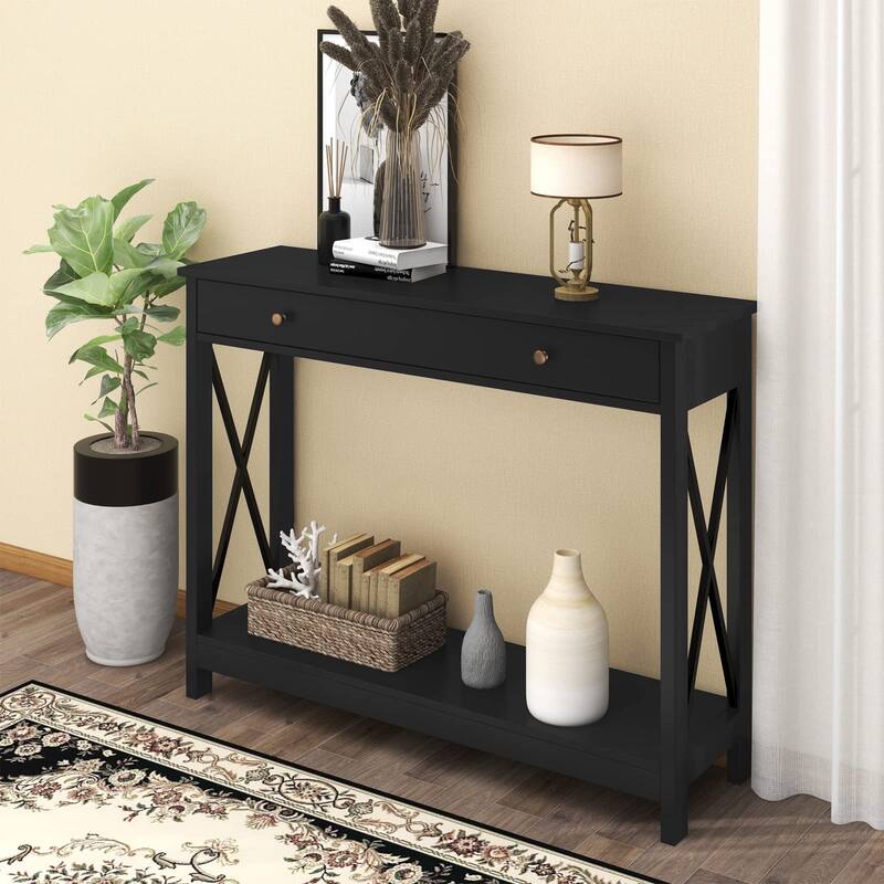 Console Table with Drawer and Storage Shelves,Foyer Entryway Sofa Table for Living Room,Hallway,Black