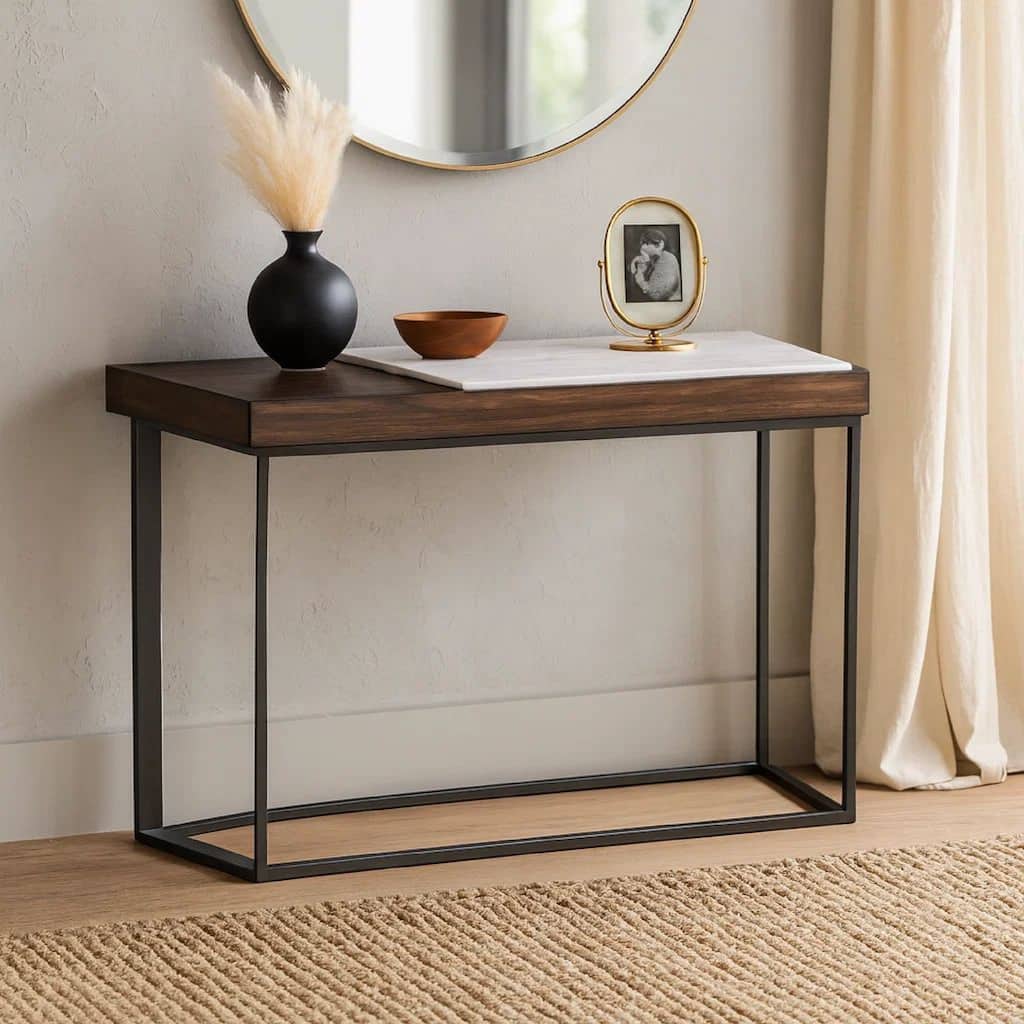 48 Inches Marble Top Console Table with Storage Slot, White and Brown