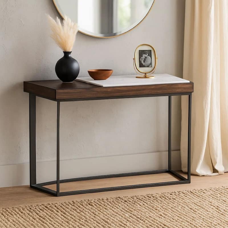 48 Inches Marble Top Console Table with Storage Slot, White and Brown