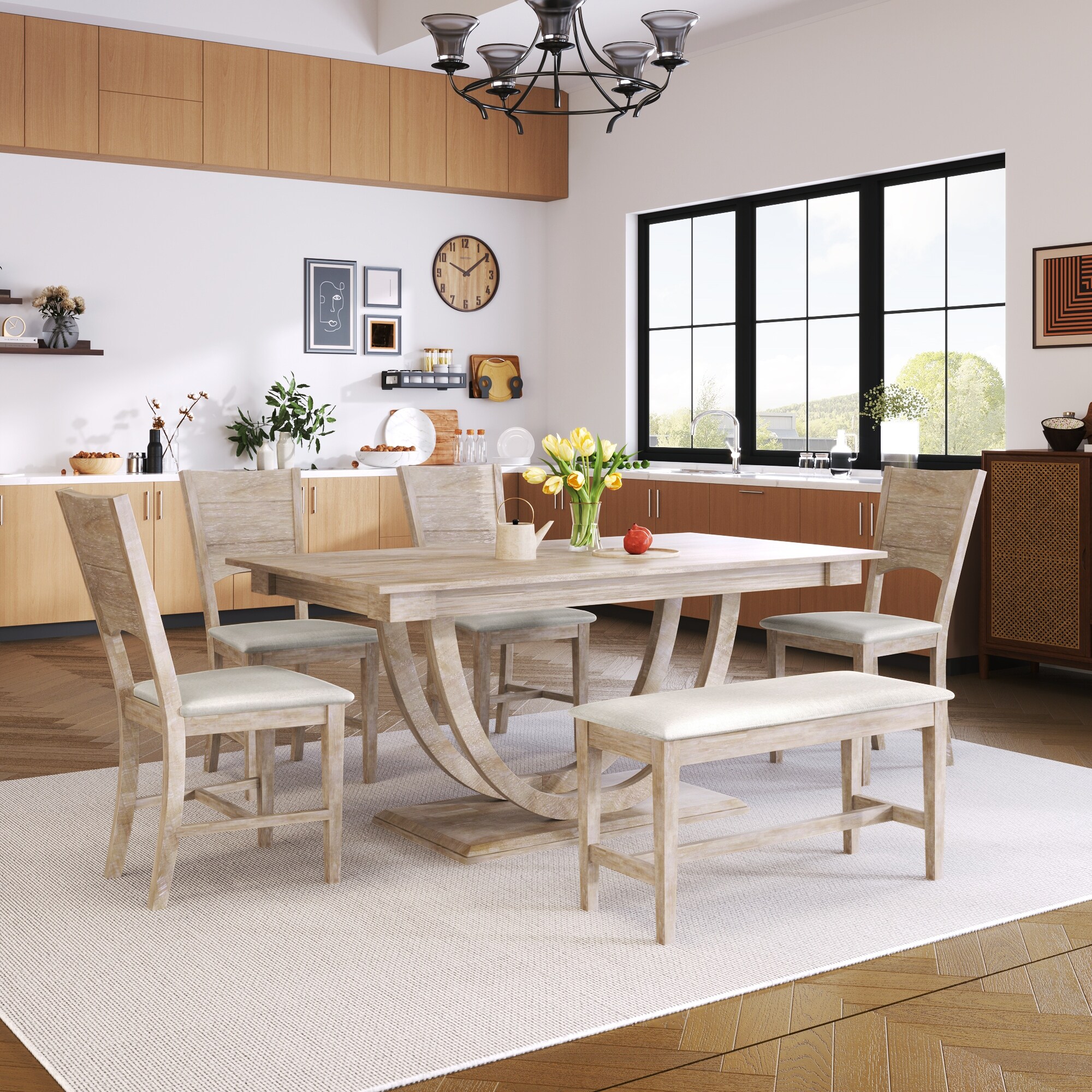 Farmhouse 6 Piece Wooden Dining Set with Rectangular Dining Table and Upholstered Dining Chairs Bench for Dining Room