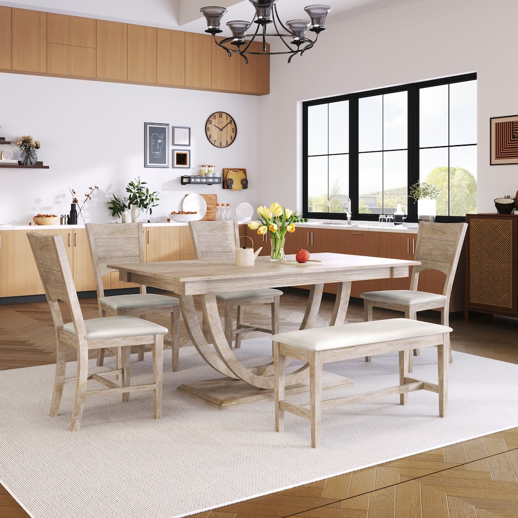 Upholstered Bench and Four Upholstered Chairs with Wooden Backrest, Elegant Rectangular Dining Table Set