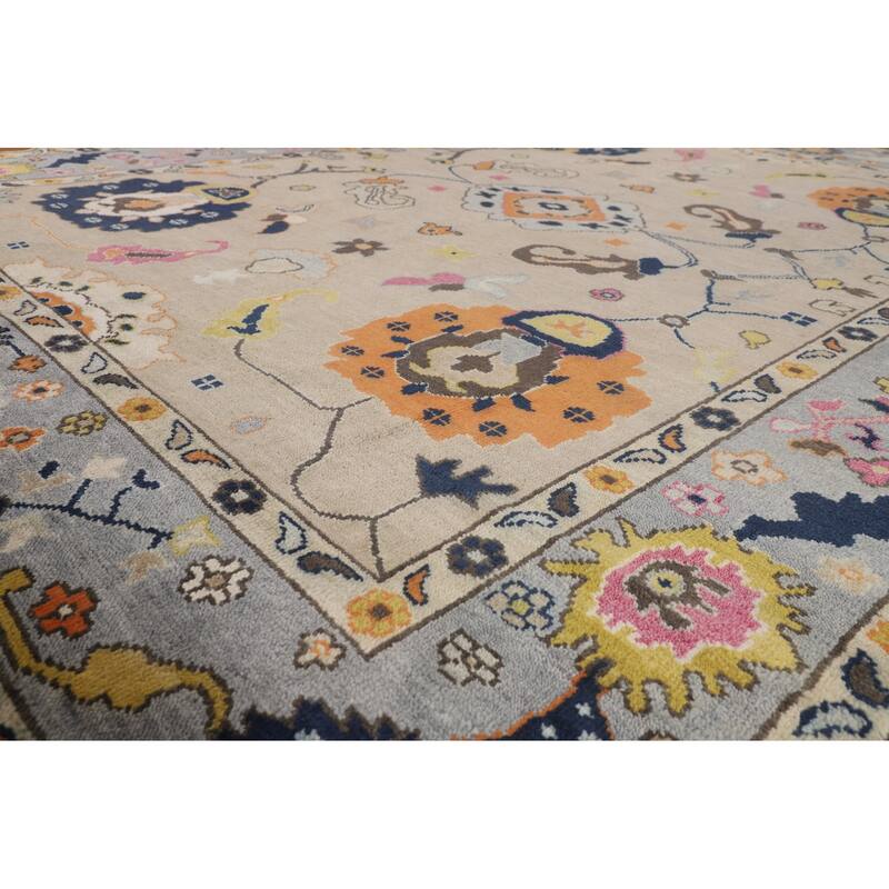 All-Over Floral Beige Oushak Oriental Area Rug Handmade Wool Carpet - 9'1" X 11'9"