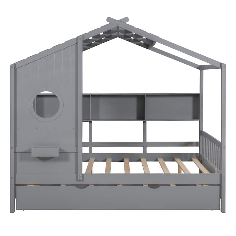 Wooden Full Size House Bed With Trundle