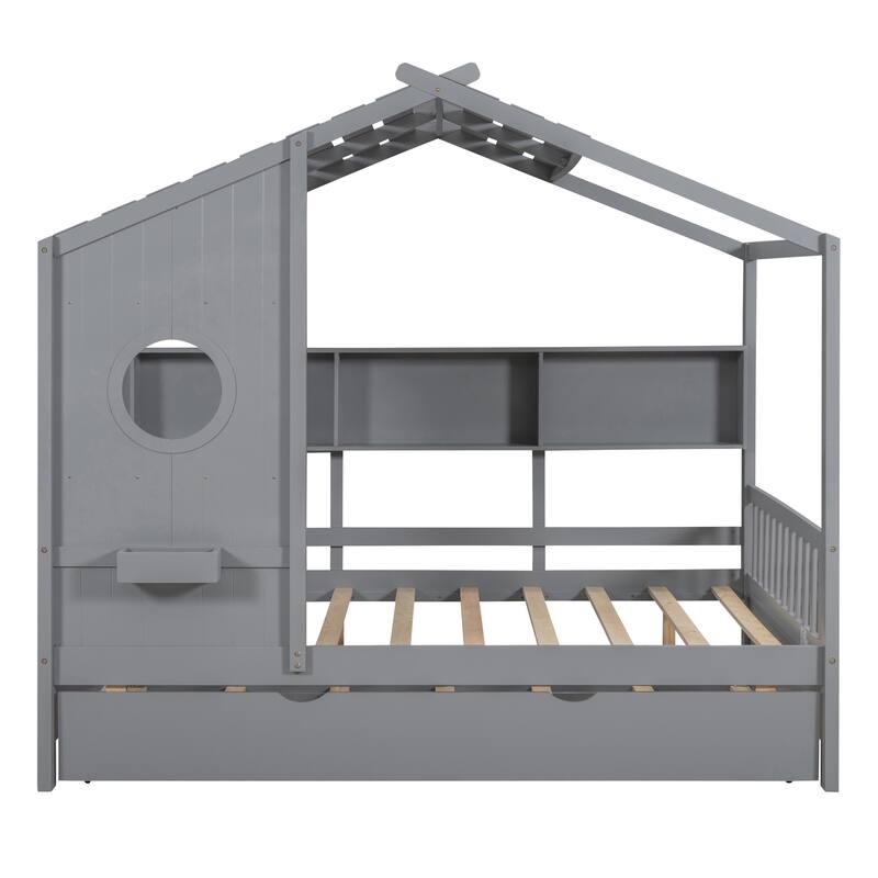 Wooden Platform Bed with Trundle & Storage Shelf