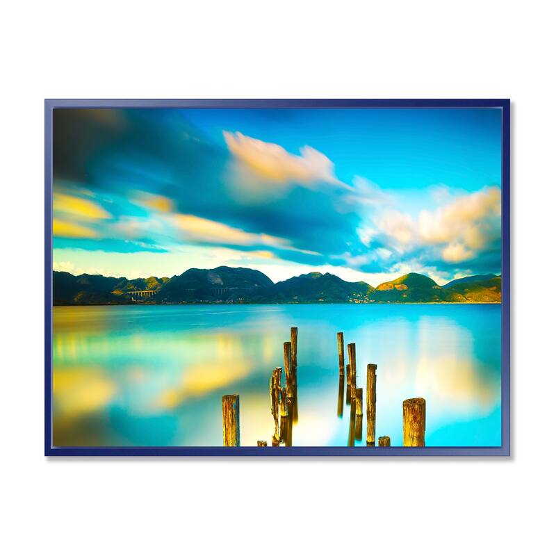 Designart "Cloudy Lake with Broken Pier" Seascape Framed Canvas Art Print
