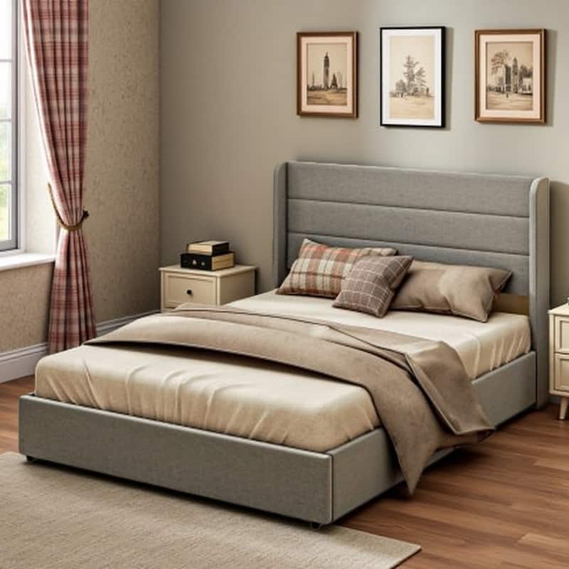 Full Size Upholstered Platform Bed with Linen Fabric, Storage Drawers on Wheels, Wood Slats & Metal Frame, Quiet Design - Light Gray