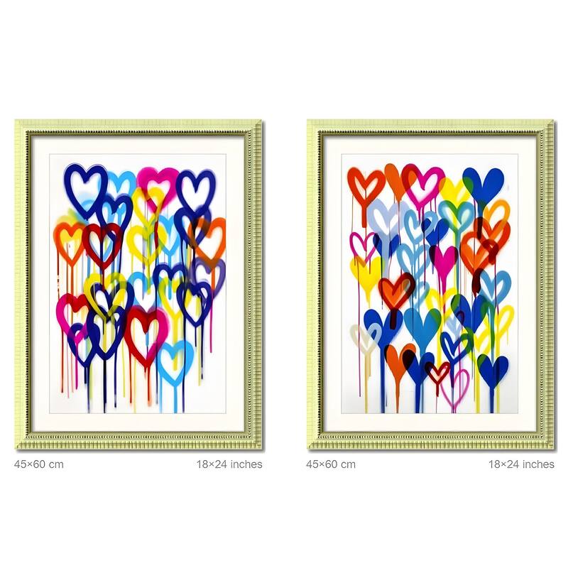 Set of 2 Colorful Heart Graffiti Framed Wall Art - Replaceable Canvas Prints with Solid Wood Picture Frames - Blue+Red