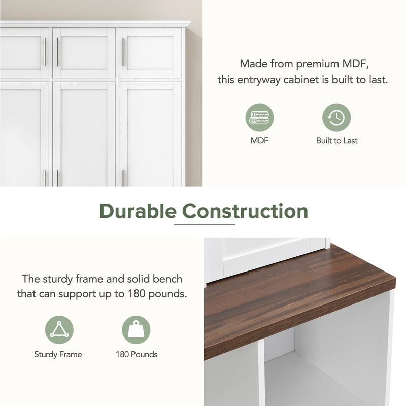 Versatile Hall Tree with 4 Hanging Hooks, Brown Wood Grain Bench with Multiple Storage Space, Entryway Cabinet