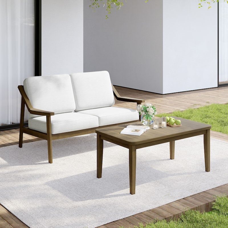 Outdoor Wood Teak Cushioned Patio 2 Seater Loveseat with Coffee Table - Natural Wood - Beige