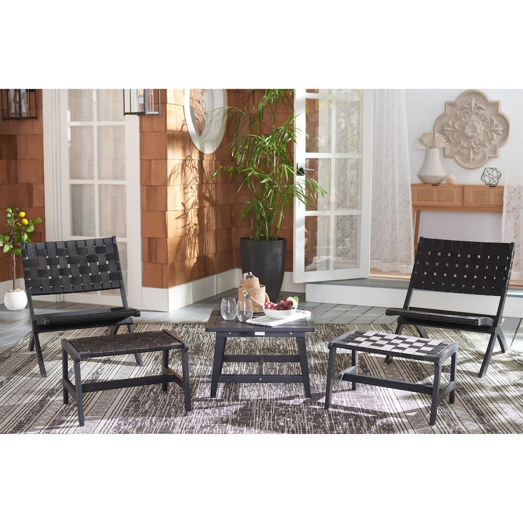 SAFAVIEH Outdoor Patio Furniture Zehra Acacia Wood Lounge Chair and Ottoman Set with Side Table - 24W x 28D x 31H