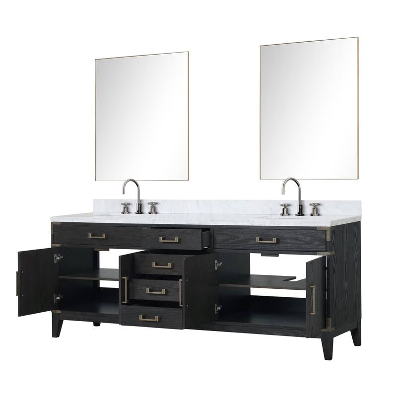 Lexora Laurel Bath Vanity, Carrara Marble Top, Faucet Set, and Mirror