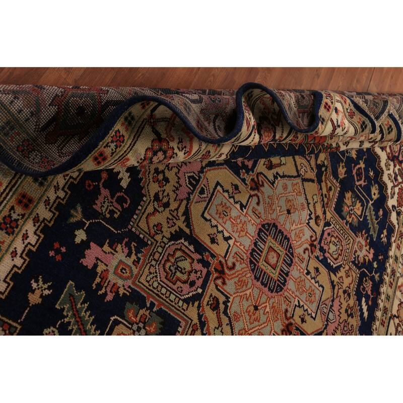 Blue Geometric Heriz Serapi Indian Area Rug Handmade Wool Carpet - 8'9"x 11'11"