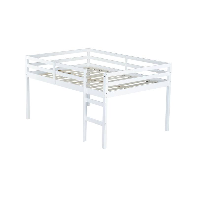 Full size Rubber Wood Low-Height Loft Bed with Ladder and Underbed Storage