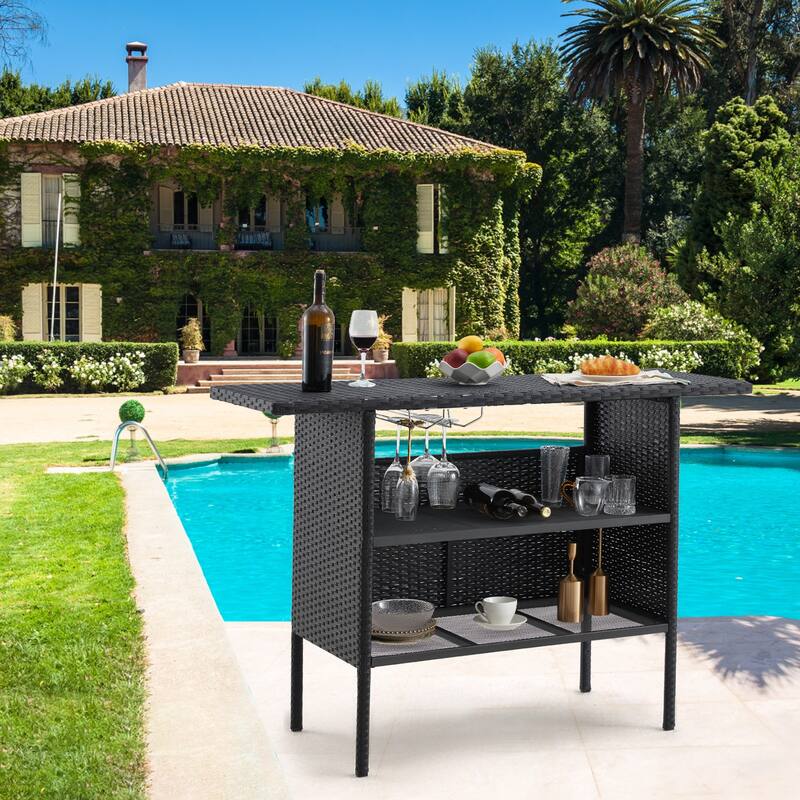 AVAWING Patio PE Wicker Bar Table Rattan Bar Counter Table - Black