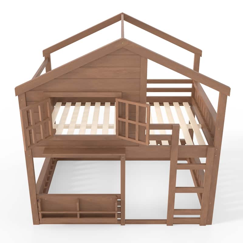Fairytale House Bunk Bed Kids Loft Bed Frame with Bookshelf and Shelf