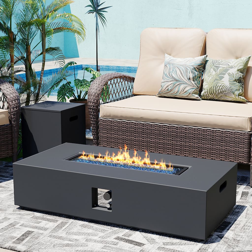 Patio Watcher Outdoor 56in. Rectangular Iron Fire Pit Table with Propane Tank Cover