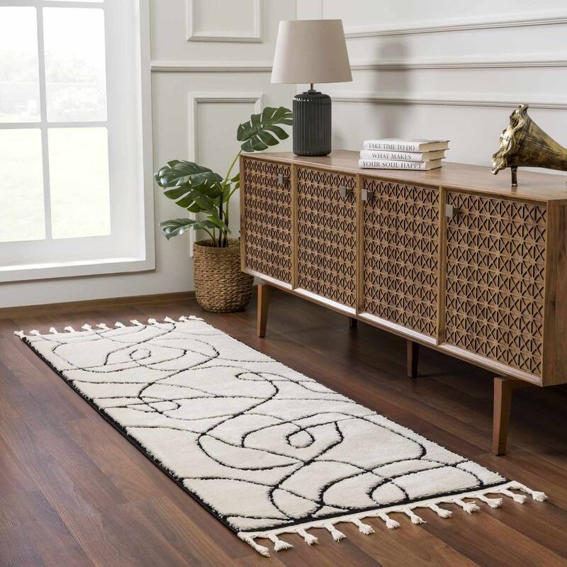 Hauteloom Azana Living Room, Bedroom Area Rug - Farmhouse - High Pile - Bone,Black - 5'3" x 7' - 2'7" x 7'3" - Bone, Black / Azana