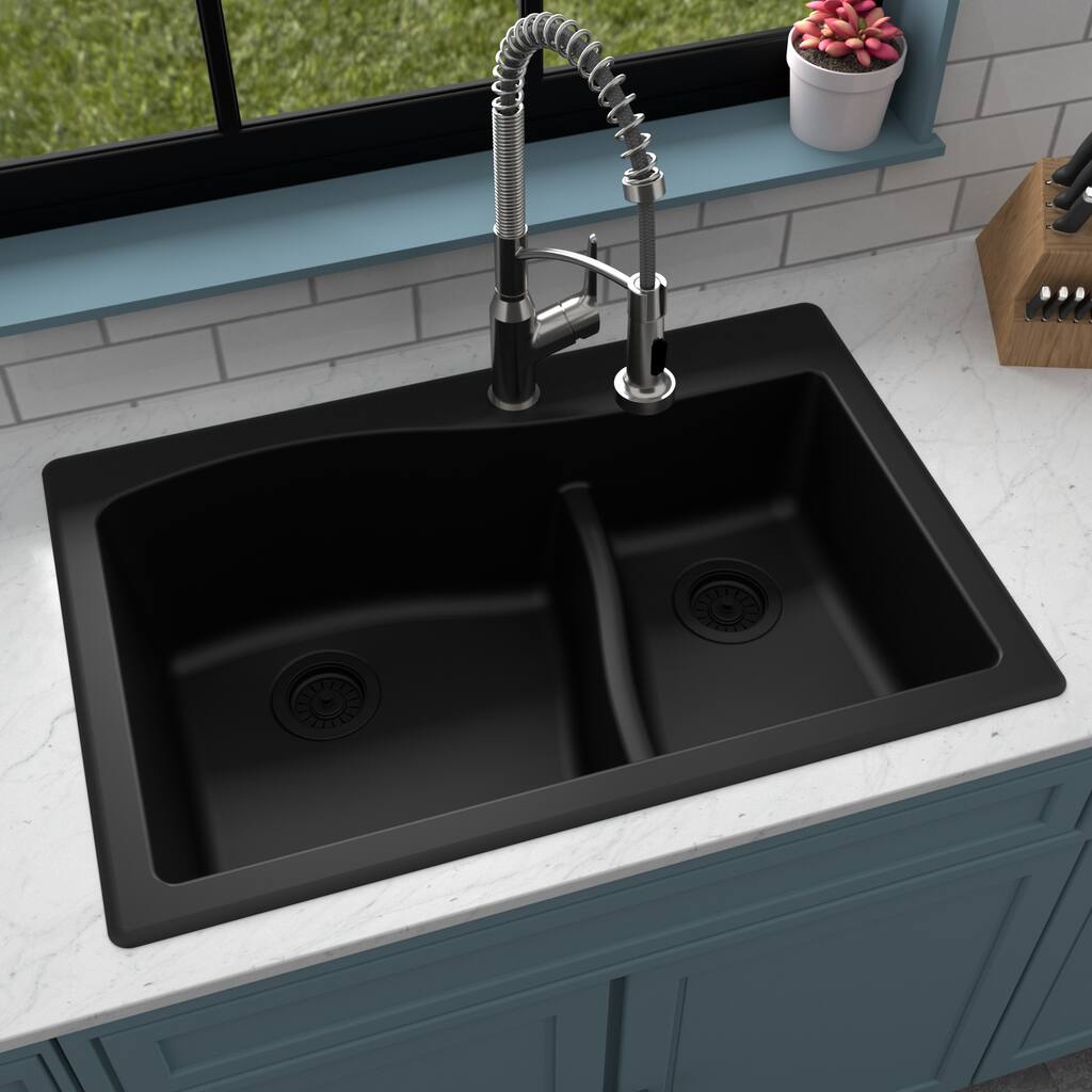 Karran Drop-In Quartz 33 in. 1-Hole 60/40 Double Bowl Sink - 33" x 22" x 10" - 33" x 22" x 10"