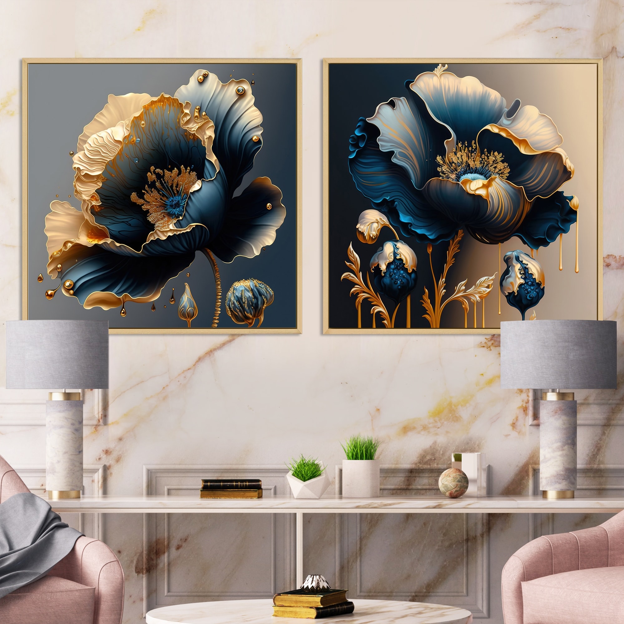Designart "Deep Blue And Gold Single Flower" Floral & Botanical Framed Art Set Of 2 Blue - Traditional Wall Art 2 Pieces