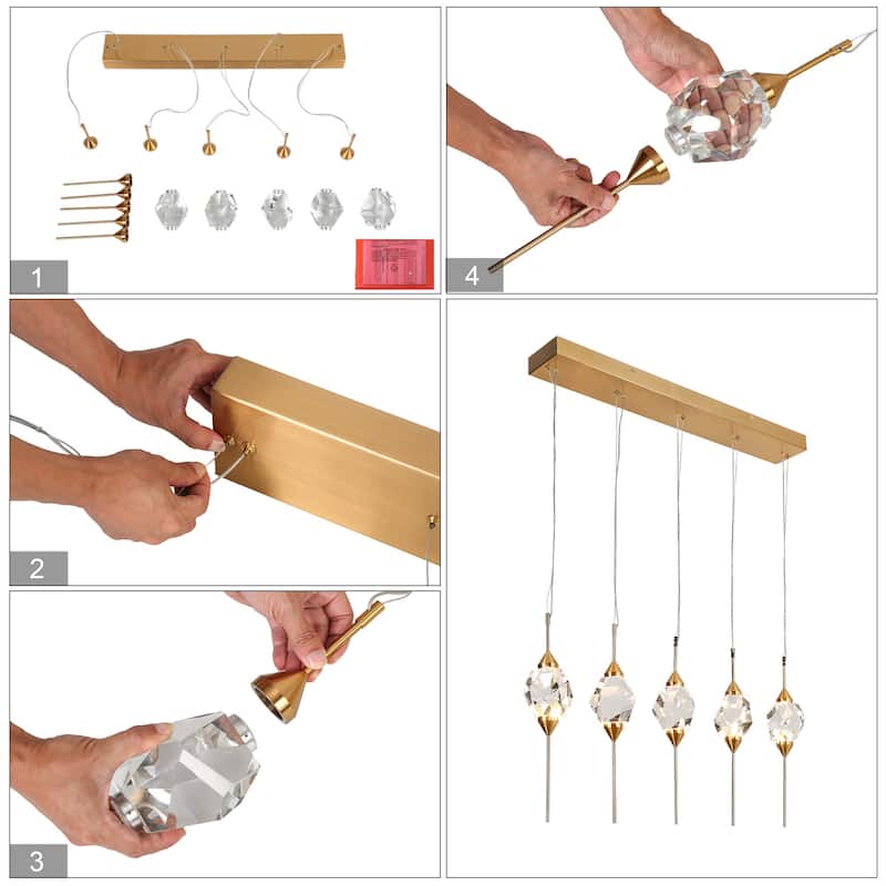 Modern Gold LED 5-Light Crystal Island Chandelier for Kitchen Island