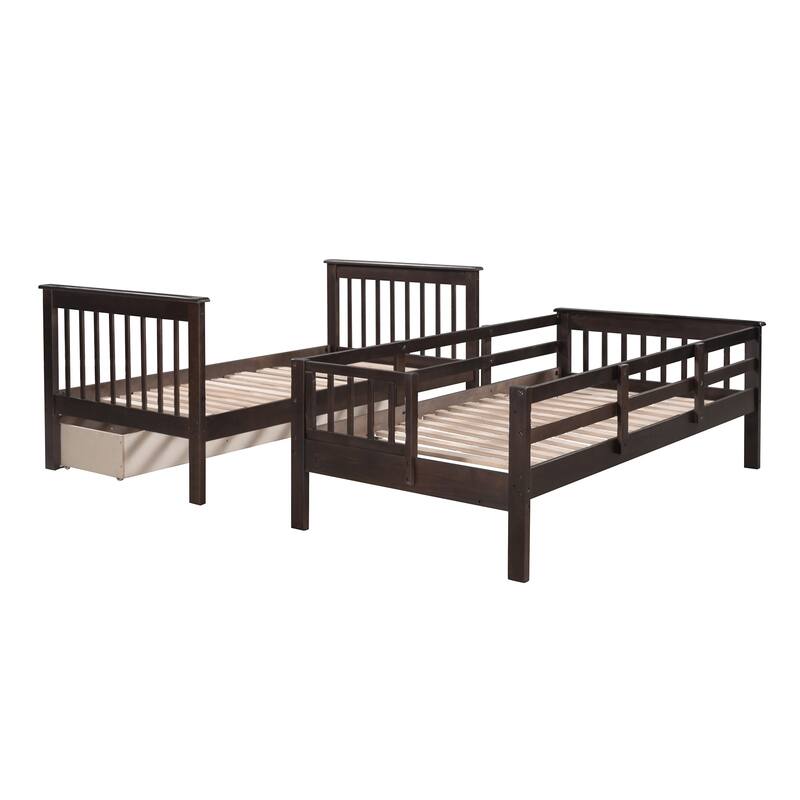 Wooden Stairway Bunk Beds with 3 Under Bed Drawers and Guard Rail