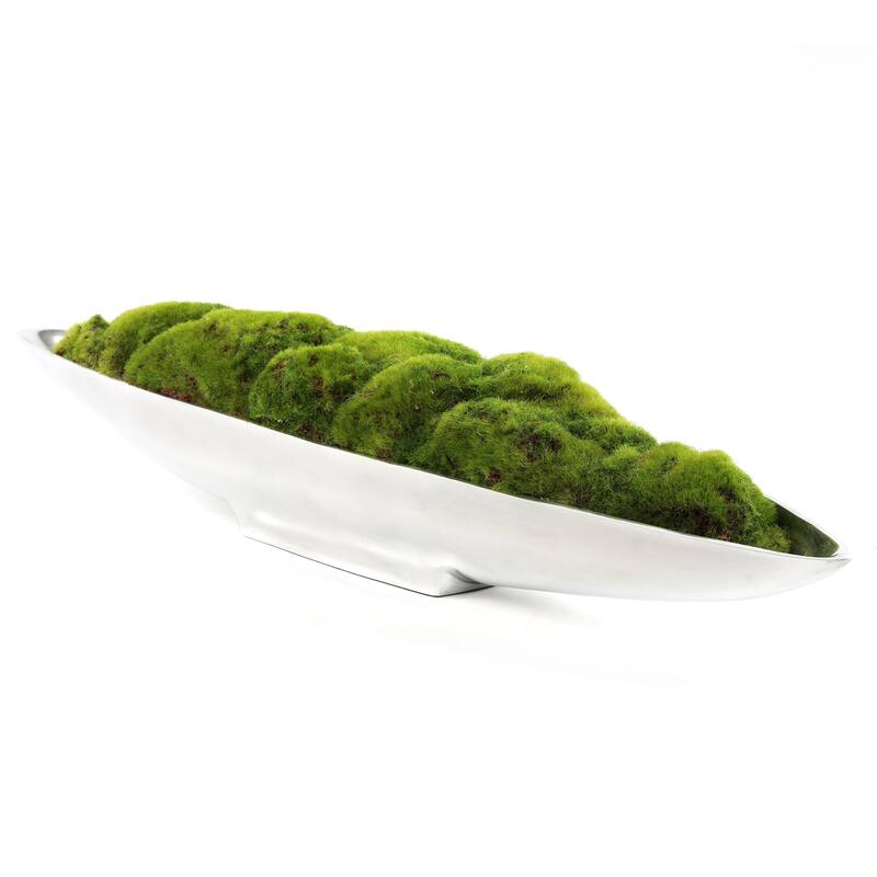 Faux Green Grass Moss Arrangement in Small Metal Boat Tray