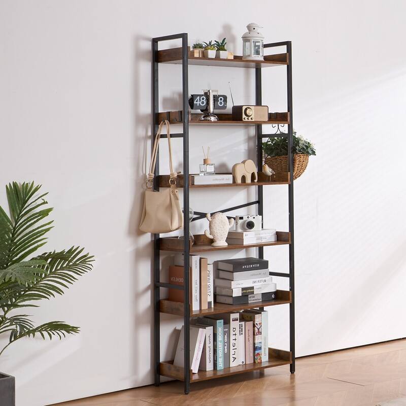6-Tier Rustic Bookshelf with Black Metal Frame and Open Storage Space Perfect for Any Room - 25.59" x 11.81" x 69.29"