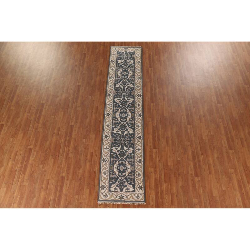 Blue Oushak Oriental Runner Rug Handmade Wool Carpet - 2'6"x 11'10"
