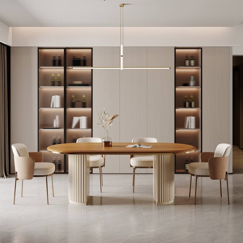 71" Mid Century Wood Rectangular Dining Table for 6, Oval Kitchen Table with double legs, Brown