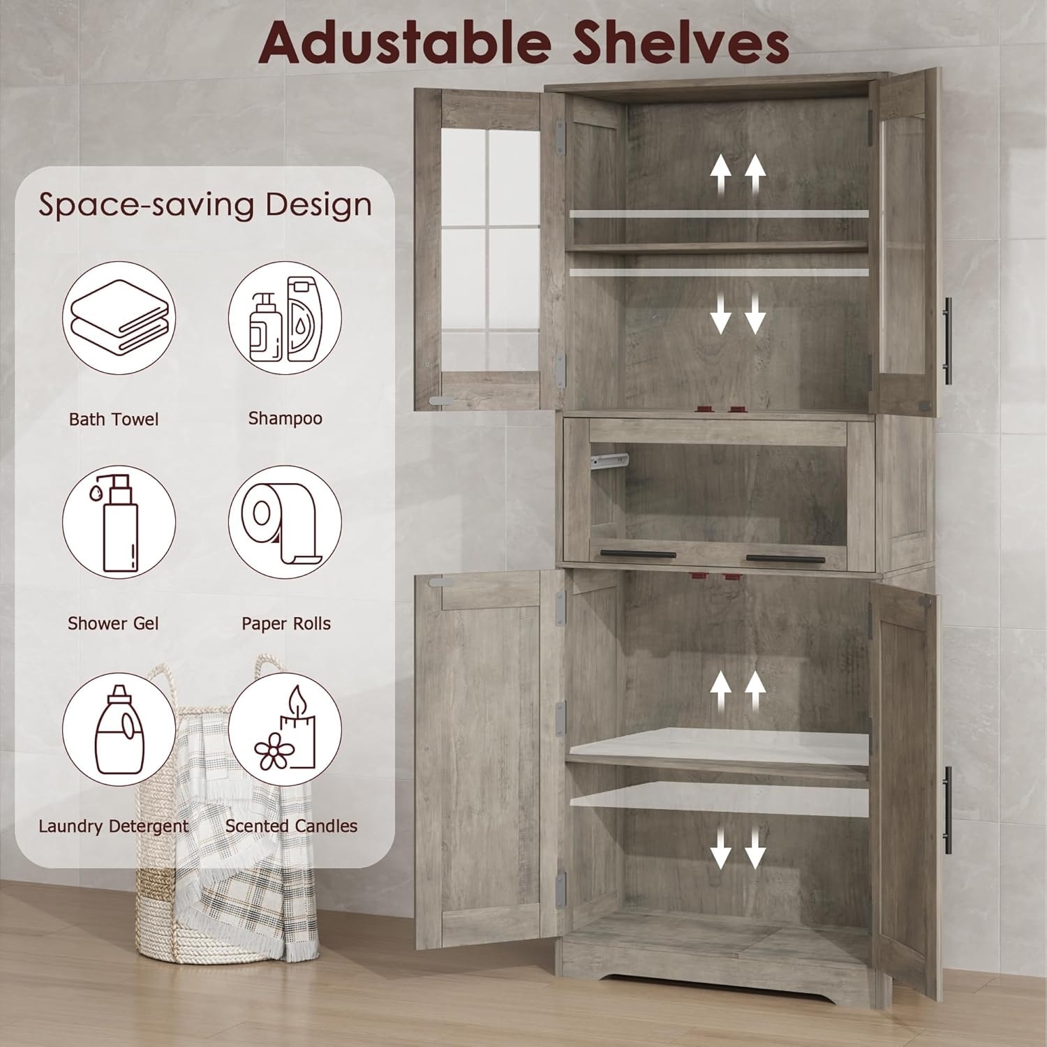 Tall Bathroom & Kitchen Pantry Cabinet with Glass Doors