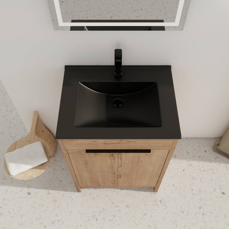 Freestanding Vanity with Black Ceramic Sink, Adjustable Shelf, Soft Closing Hinges, and Metal Handle - 24in L Plywood
