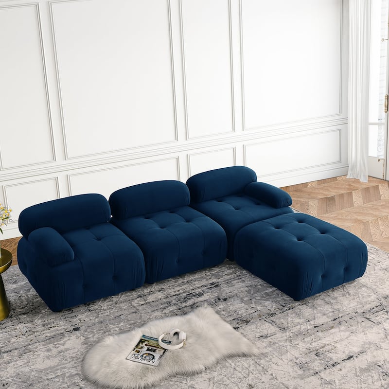 Blue 93'' L-Shaped 4 Seat Modular Sofa with Reversible Ottoman and Sturdy Wood Frame for Living Room, Apartment