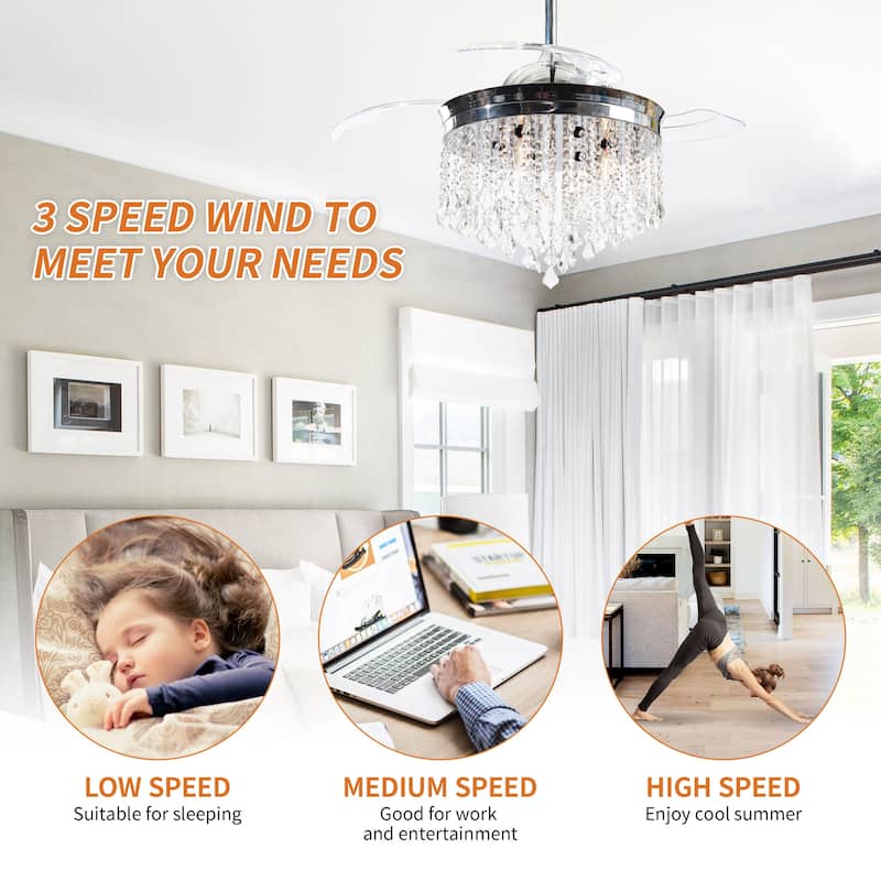 42" Modern Chrome Retractable Blades Ceiling Fan with Light and Remote Control - 42.0 In. W X 21.9 In. H X 42.0 In. D