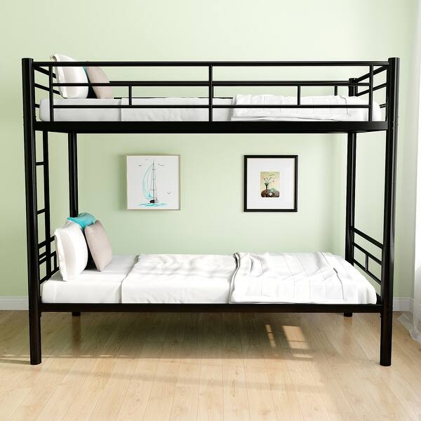 slide 2 of 16, Black Twin over Twin Metal Bunk Bed with High Guardrail Black