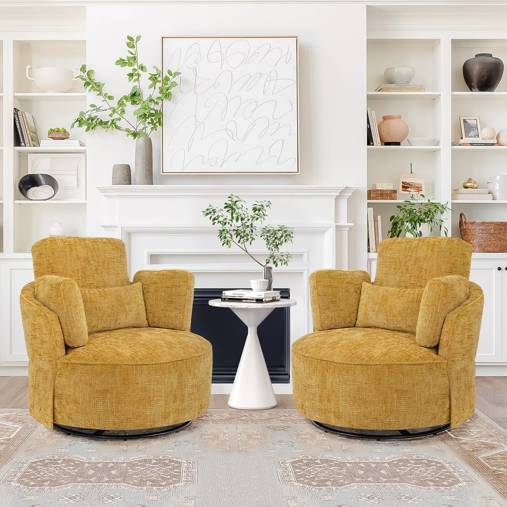 Set of 2 Upholstered Swivel Barrel Accent Chairs Metal Frame with Flared Arms and Pillows