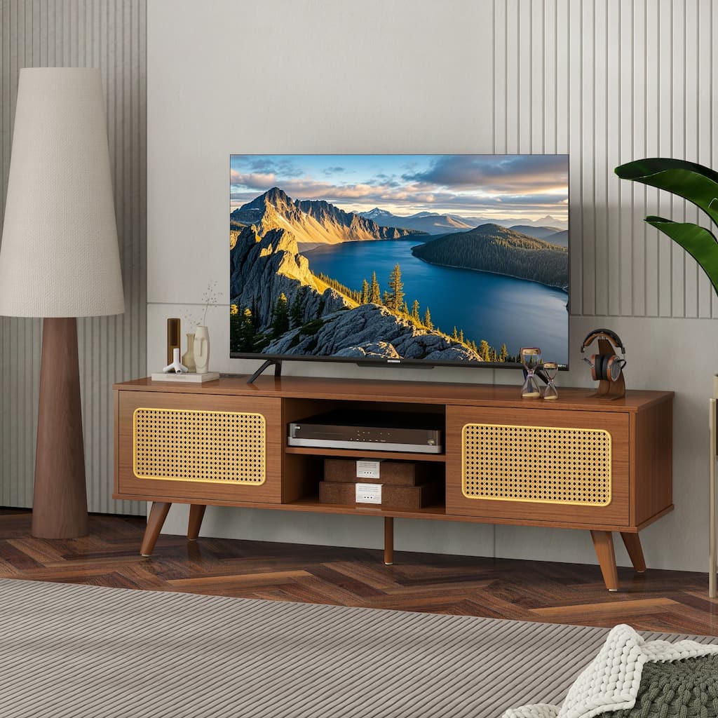 Modern TV Stand with 2 Storage Cabinet and Upper and Lower Compartment 4 Strips Wood Legs for Living Room