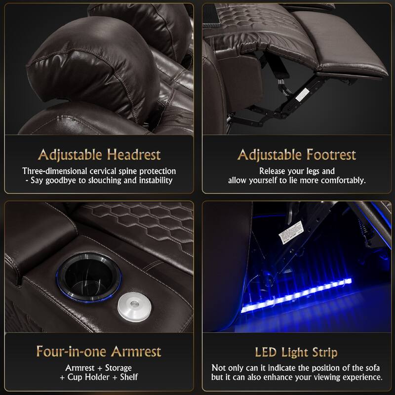 Roomfitters 93.3" Power Recliner 3-Piece Set, Top-Grain Nappa Leather, 39-Color RGB LED & USB-C Charging, Coffee