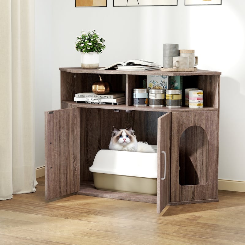 Grey Engineered Wood Cat Litter Box Cabinet with Storage and Corner Design