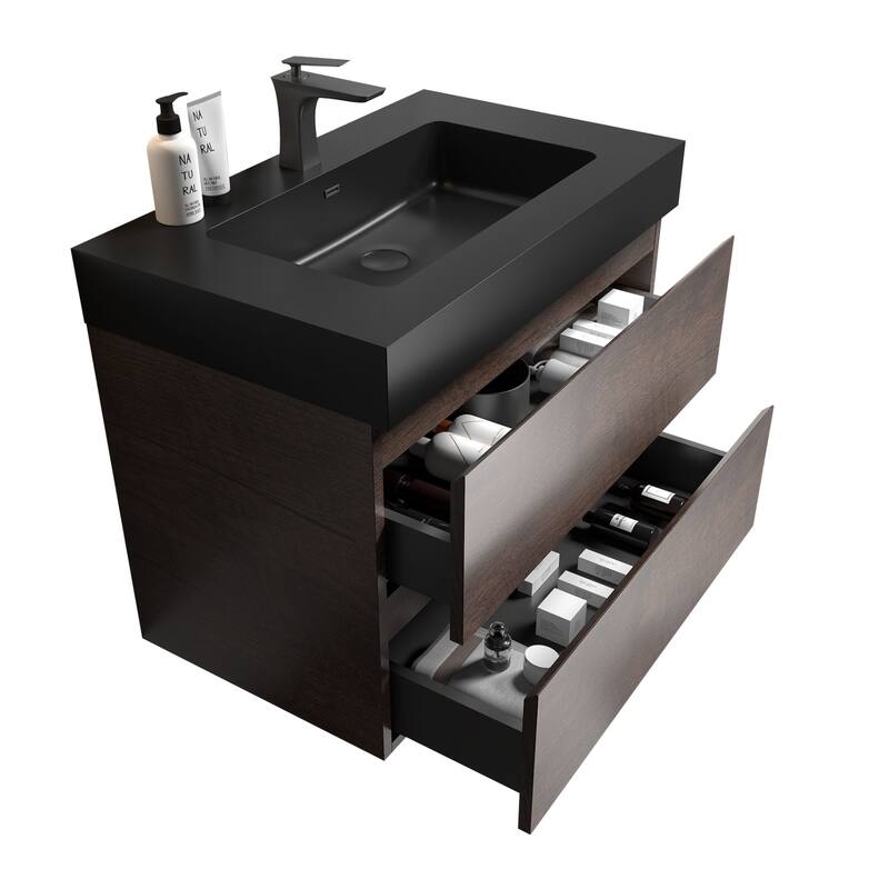 Modern 30" Alice Floating Bathroom Vanity with Rosewood Finish, Handle-Free Design, Silent Soft-Closing Drawers