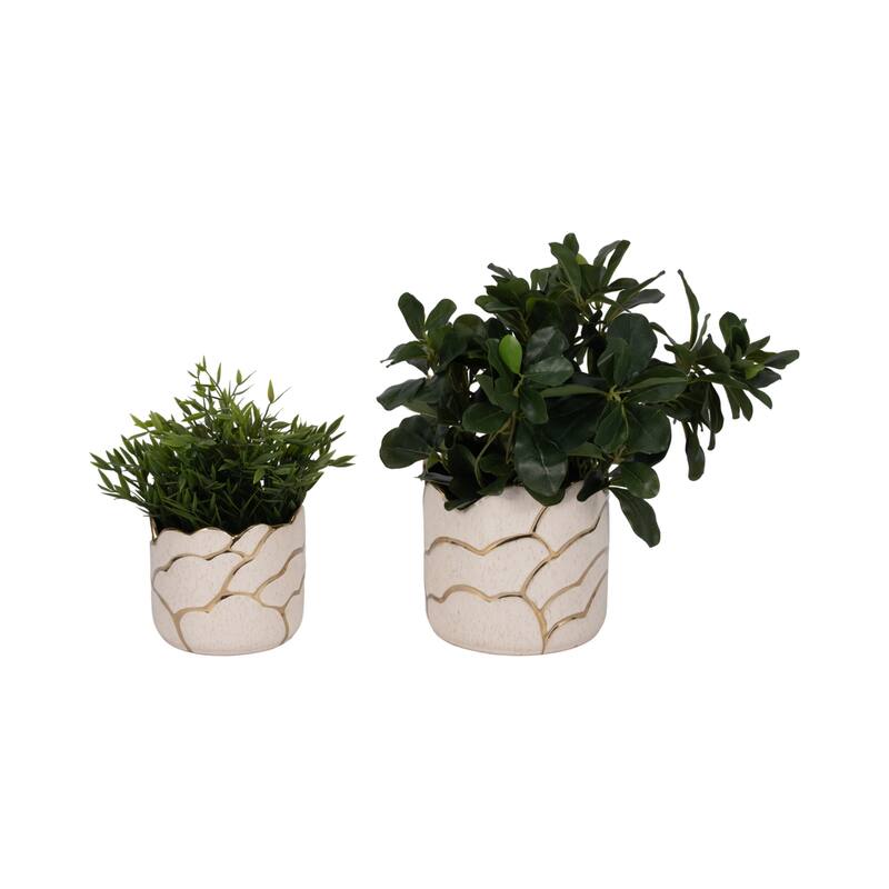 Ceramic Planters Wavy Rim Embossed Metallic Detailing (Set of 2)