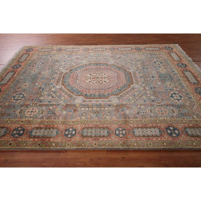 Gray Geometric Khotan Indian Area Rug Hand-Knotted Wool Carpet - 7'9"x 9'10"