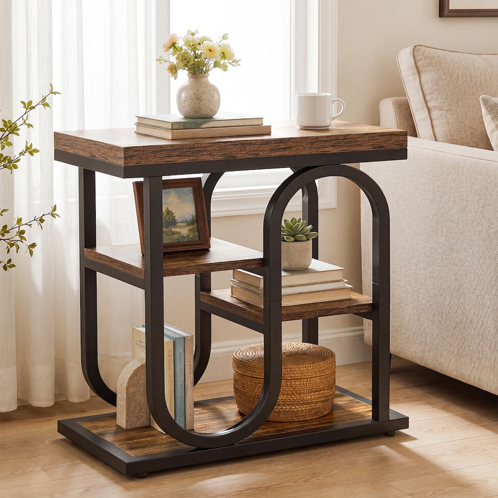 Narrow End Table with Storage Shelf, Side Table for Living Room Bedroom