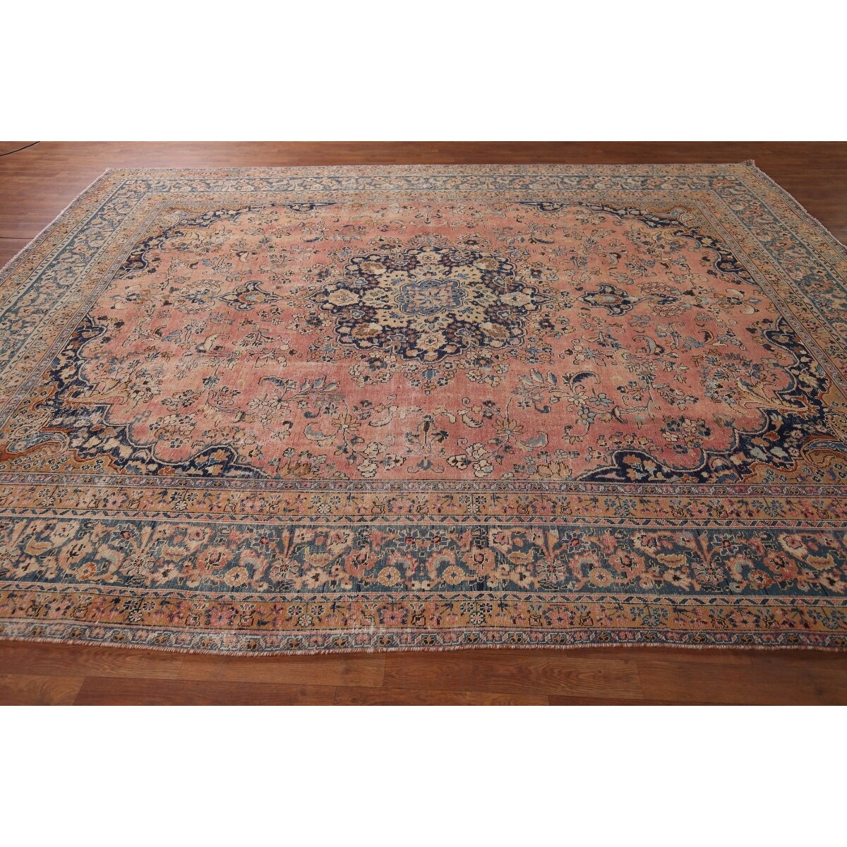 Distressed Mashad Persian Vintage Rug Hand-Knotted Wool