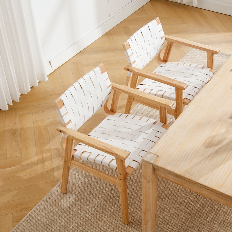 Woven Leather Dining Chairs with Solid Wood Frame - 29.7"H x 21.7"W x 22.8"D