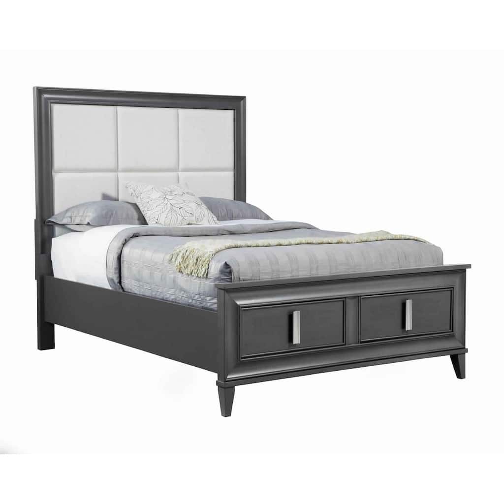 Transitional Standard King Storage Bed with Fabric Headboard, Gray and Cream