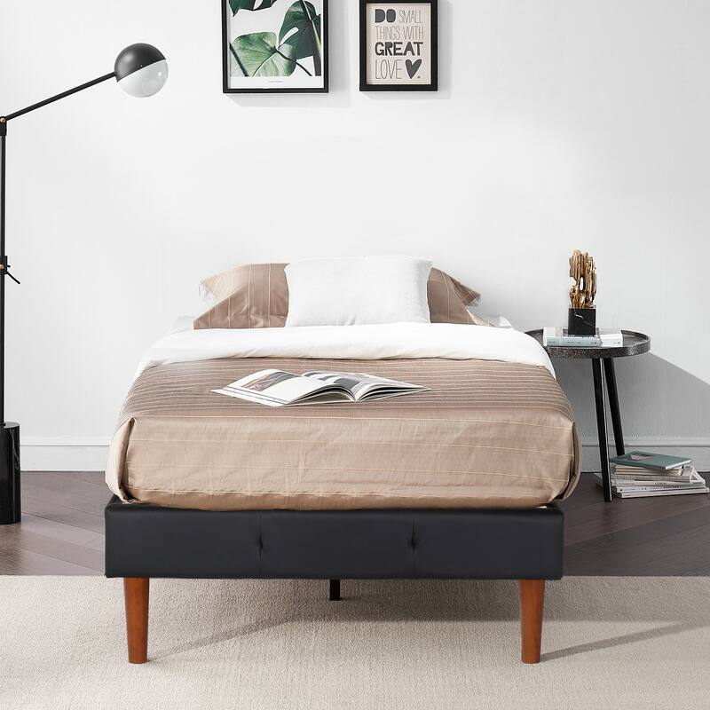 Faux Leather Platform Bed Frame with Wood Slats, No Box Spring Needed Mattress Foundation Twin/Full/Queen/King Size Bed Frame - Twin