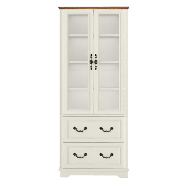 76" Tall Display Cabinet with Glass Doors Bookcase Accent Living Room Hallway - White