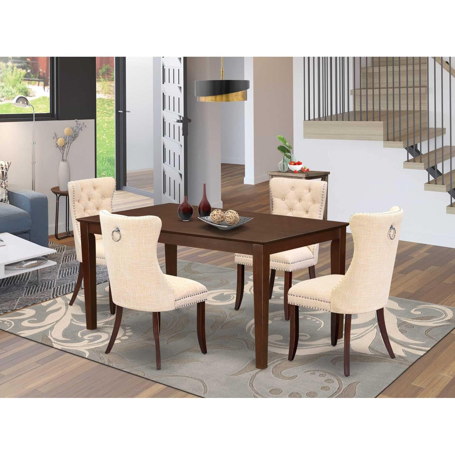 5-Piece Mahogany Finish Solid Wood Top-Rectangular Dining Room Set- Seats-4