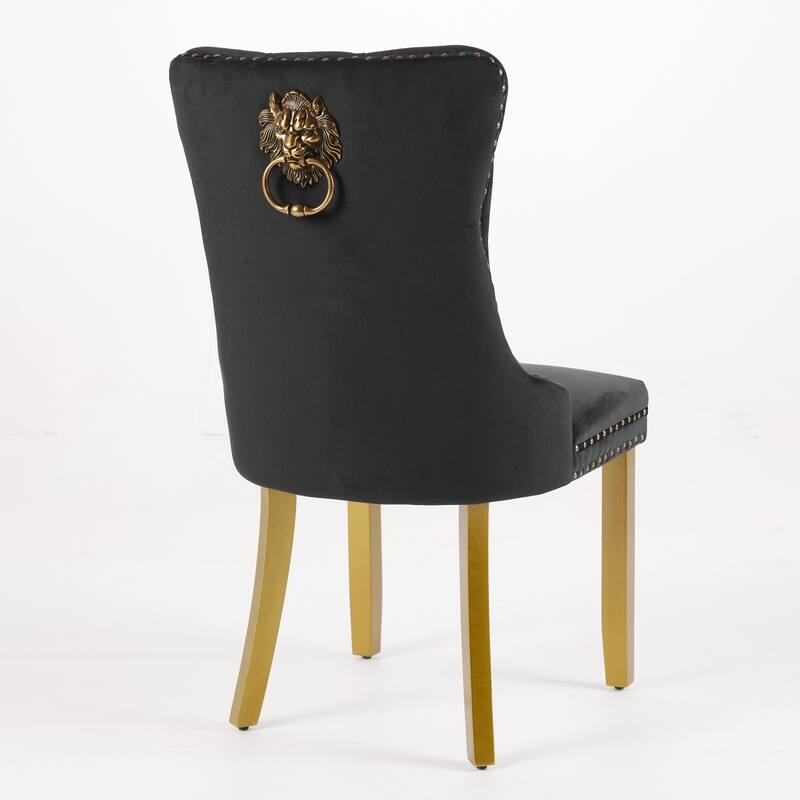 Velvet Dining Chairs Set of 2, Tufted Dining Chairs with Nailhead Trim, Kitchen Chairs with Lion Head Pulls Ring & Wooden Legs
