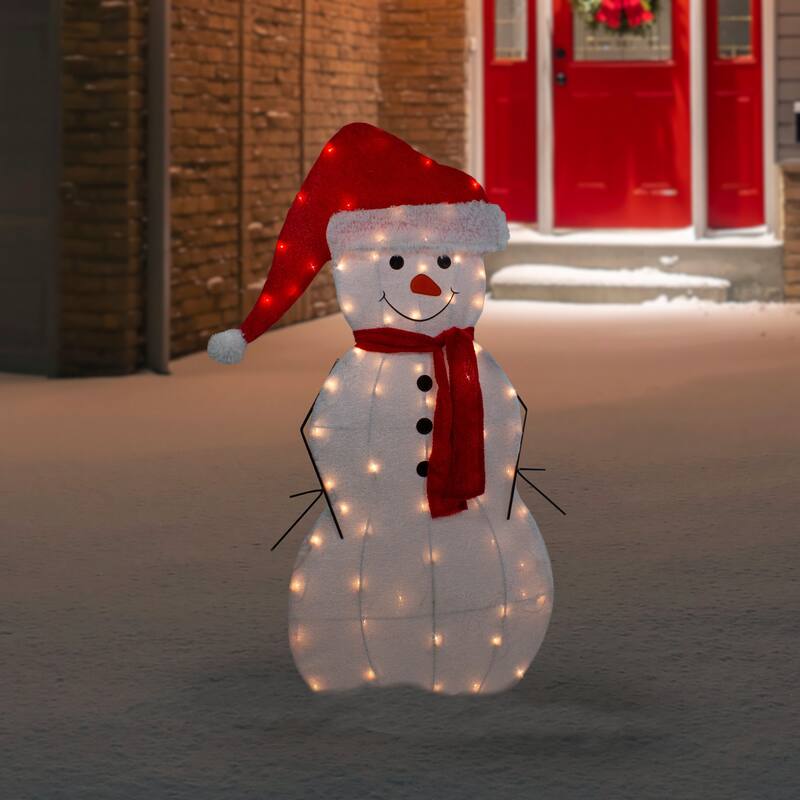 42" Lighted 2D Chenille Snowman in Santa Hat Outdoor Christmas Decoration